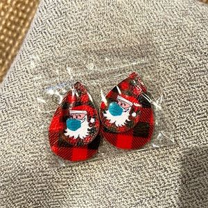 “Dr. Santa” Red and Black buffalo plaid Santa wearing a mask earrings